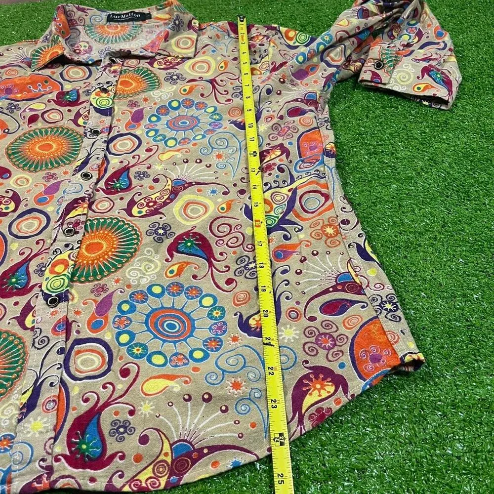 Luc Matton Women L Groovy Artsy Paisley Colorful Long Sleeve Cotton Button Up‎ Red Size L - Image 3