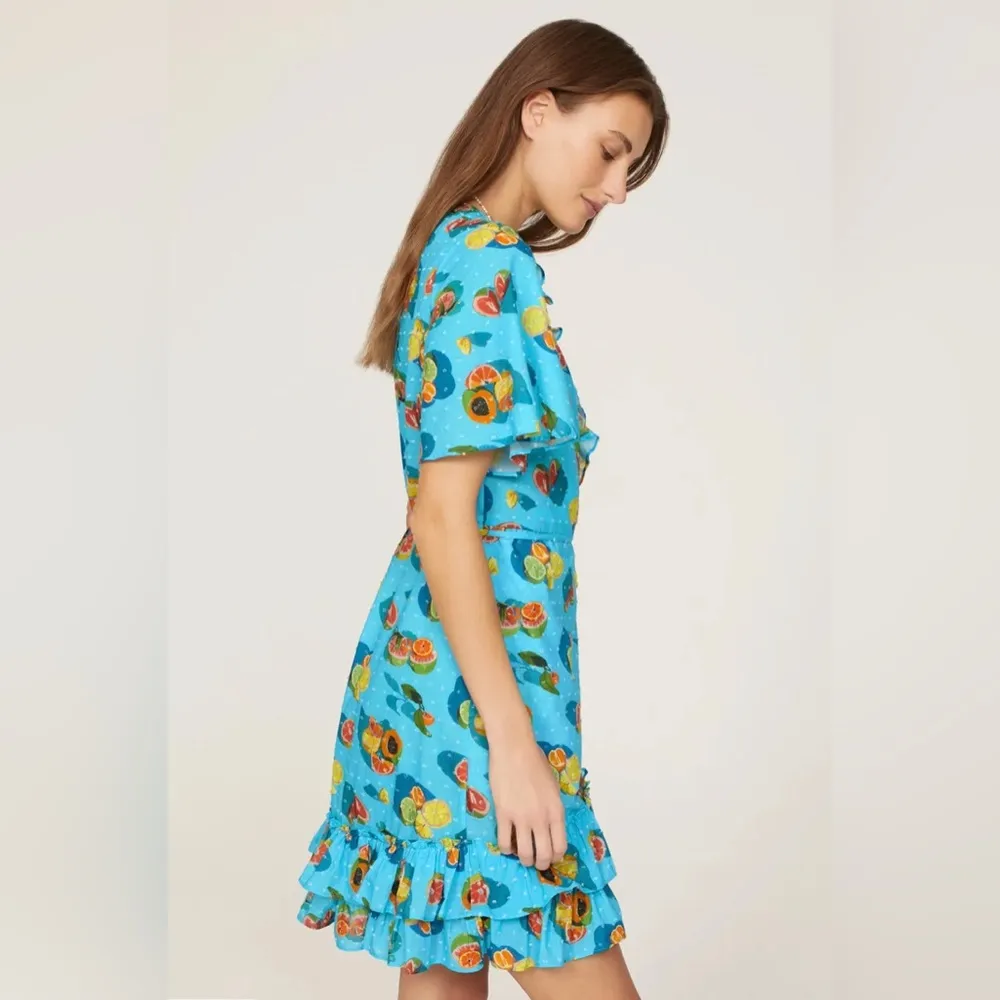 Rachel Antonoff Abby Wrap Dress Mini Aqua Blue Ruffles Citrus Print Pattern sz M - Image 2