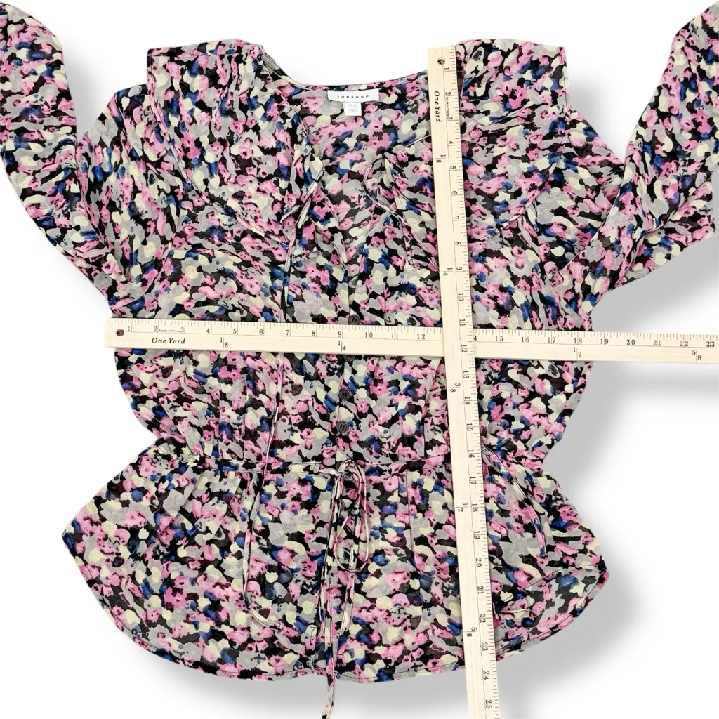 Topshop Abstract Floral Confetti Ruffled Cinch Waist Button Up‎ Blouse Pink 8 - Image 11