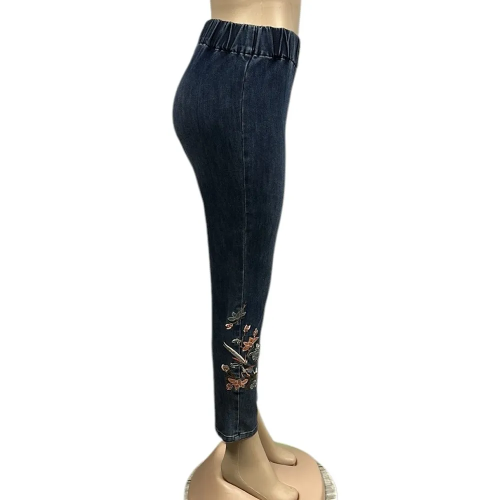 Soft Surroundings Metro Floral Embroidered Pull On Stretch Blue Jeans Petite S - Image 5