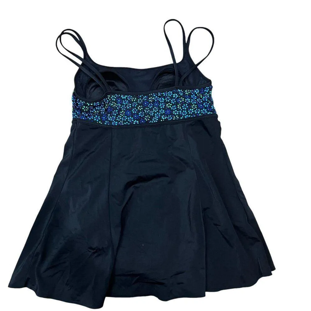 Vintage Robby Len Green Blue Floral Swim Dress One Piece Swimsuit Size 12 Black - Image 4