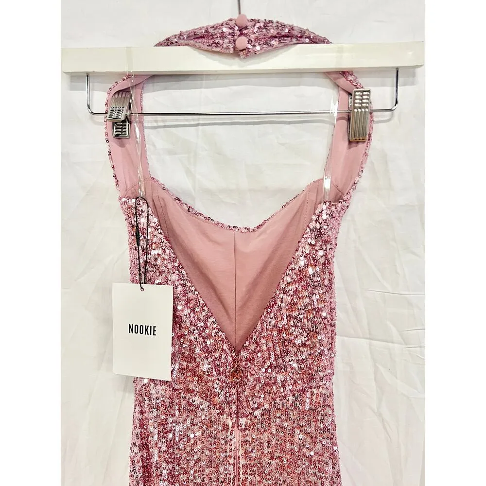 NWT Nookie Fantasy Sequin Halter Neck Side Slit Full Length Gown Rose Women's XS - Image 4