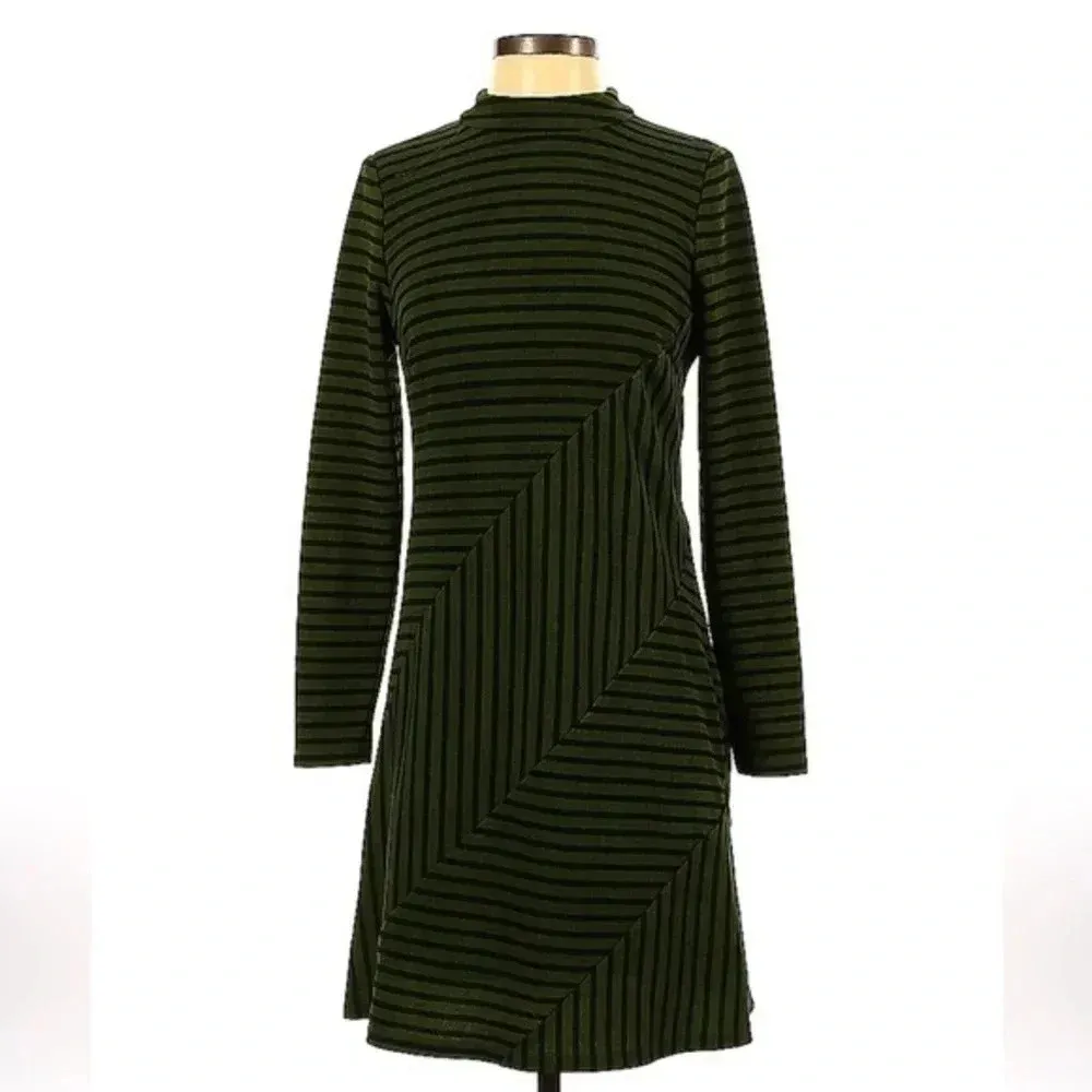 Anthropologie Hutch Olive Green & Black Stripe Structured Knitwork Dress Size XS - Image 7