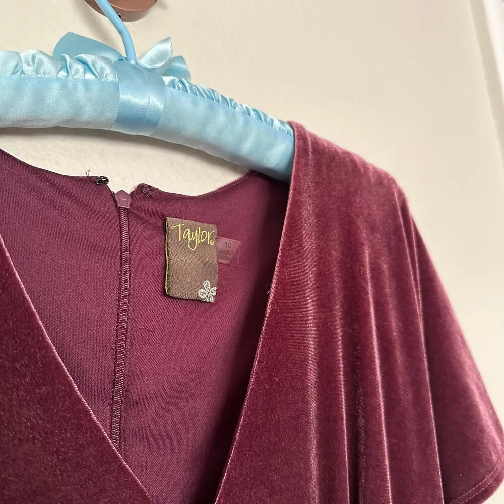 Taylor Sz 10 Midi Dress womens Purple Plum Velvet Empire Waist Flutter Sleeves - Image 5