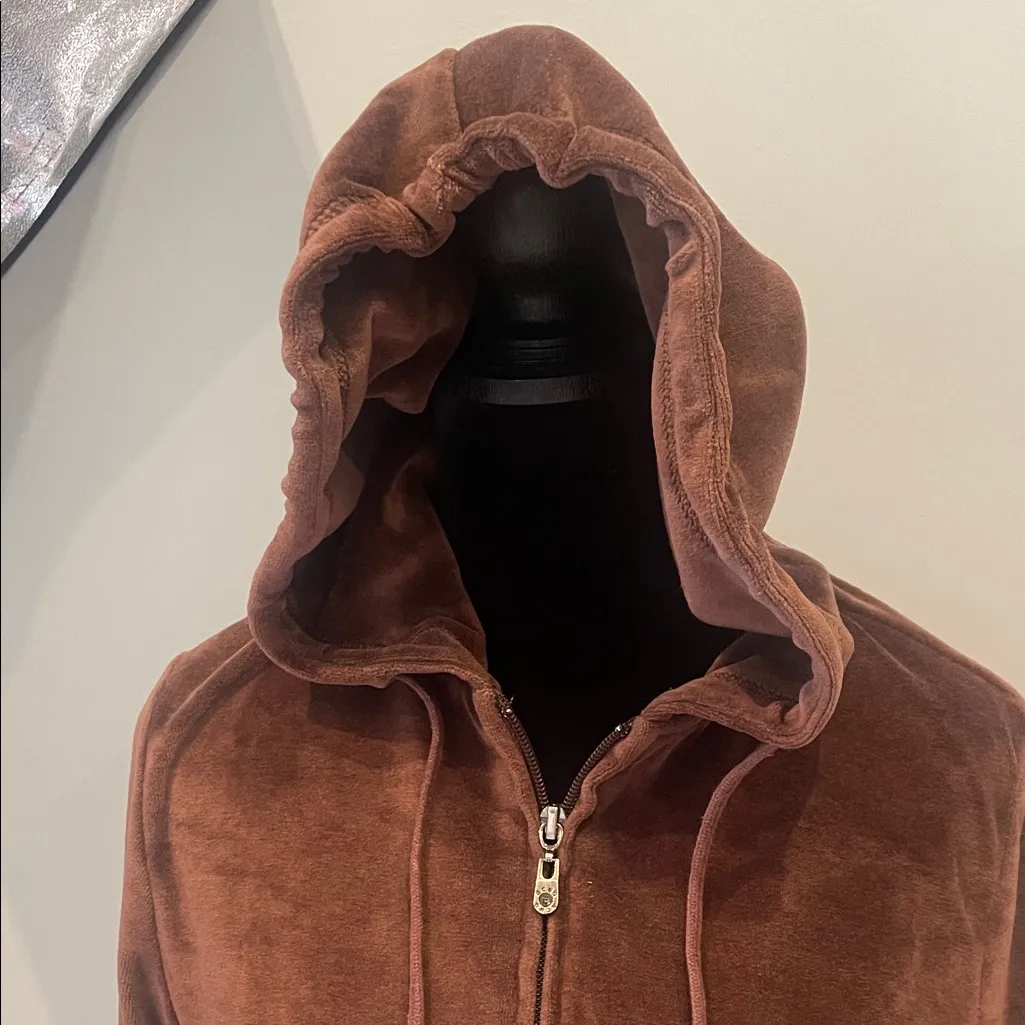 Brown Hooded Womens zip up jacket velvet looks - Image 2