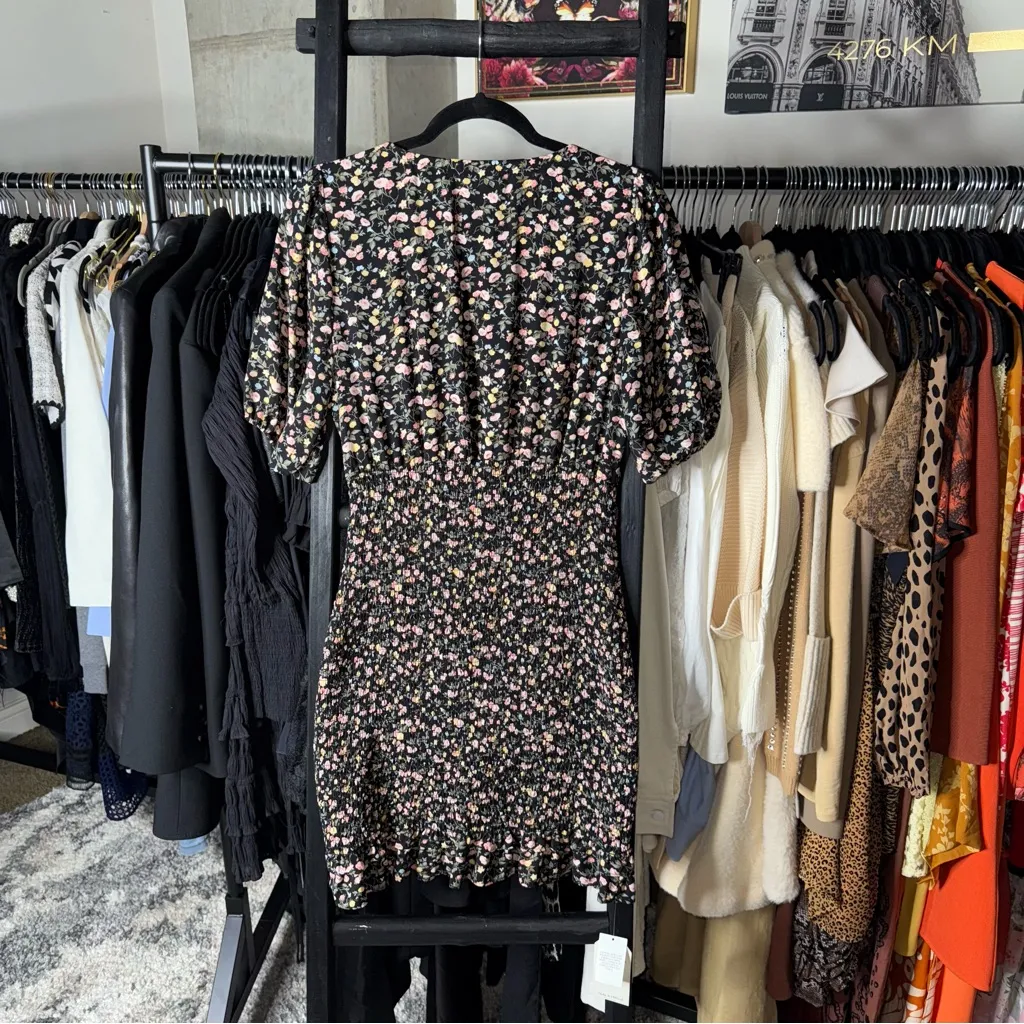 Abercrombie & Fitch Large Floral Smocked Waist Mini Dress Black Multi NWT $110 - Image 5