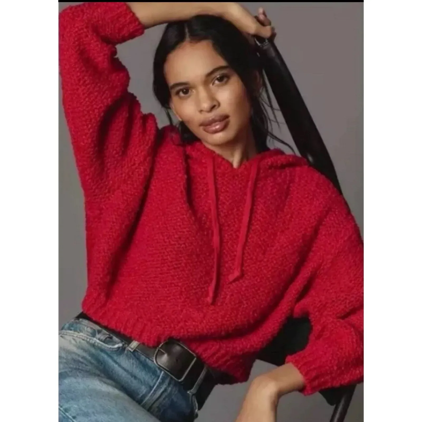 Anthropologie Pilcro‎ Women's NWT Sailcloth Hooded Sweater Red Oversized Sz M - Image 4