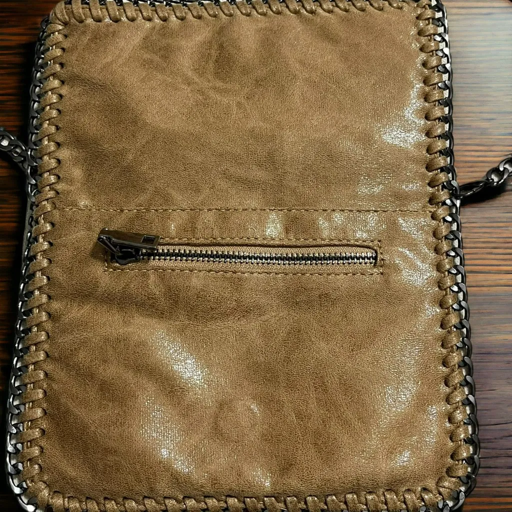 Genuine Leather Mottled Tan Removable Gunmetal Chain Crossbody Bag - Image 3