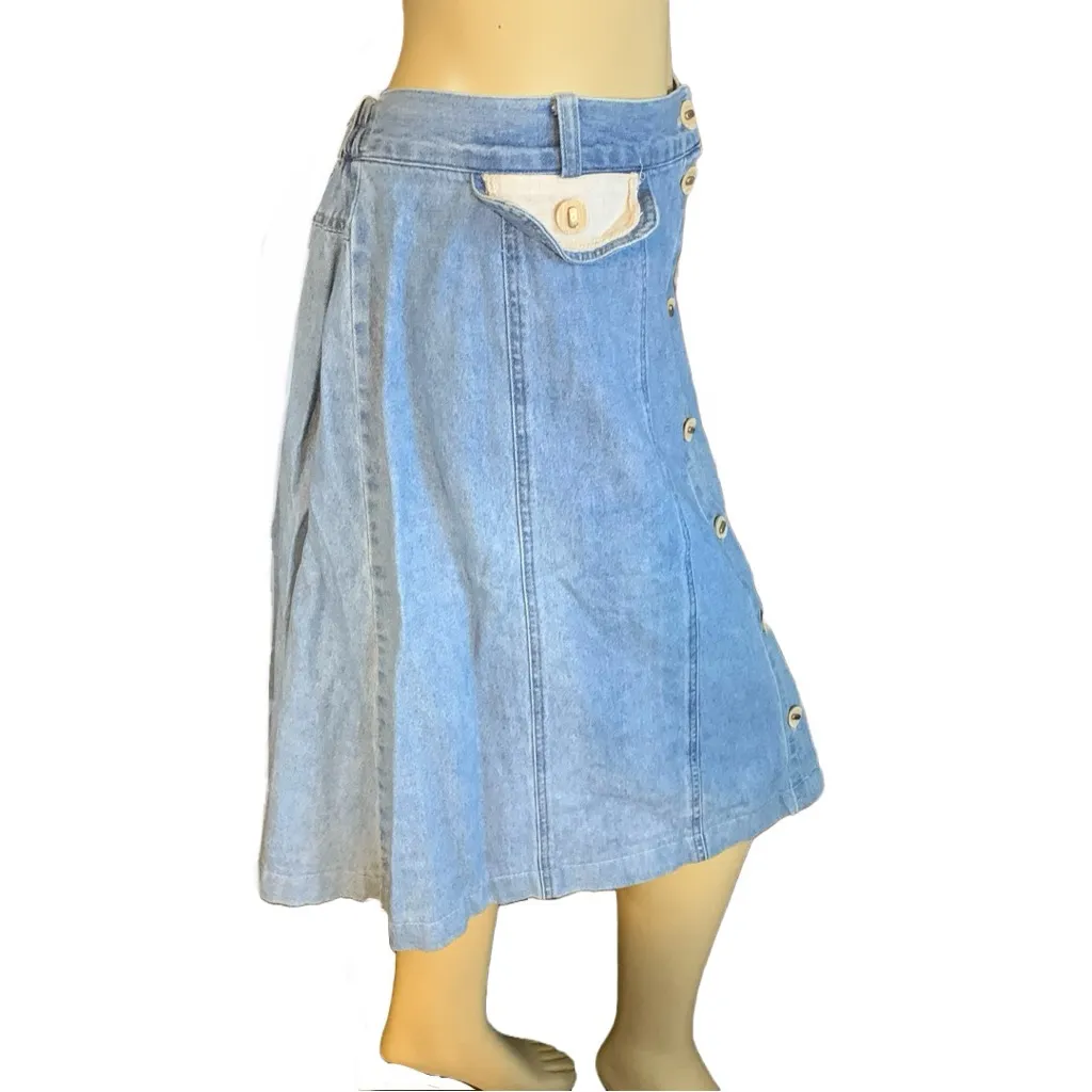 VINTAGE CIRCA 1990'S CITY GIRL BUTTON FRONT DENIM MIDI SKIRT (22W) Blue - Image 4