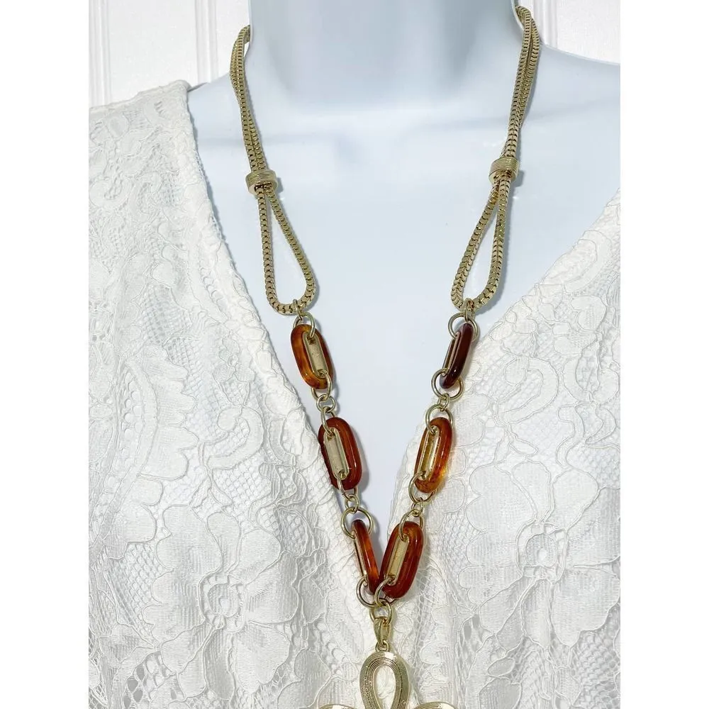 Lilly Pulitzer Boho Lariat Necklace Gold‎ Tone Chain Pink Stone Tassel Pendant - Image 5