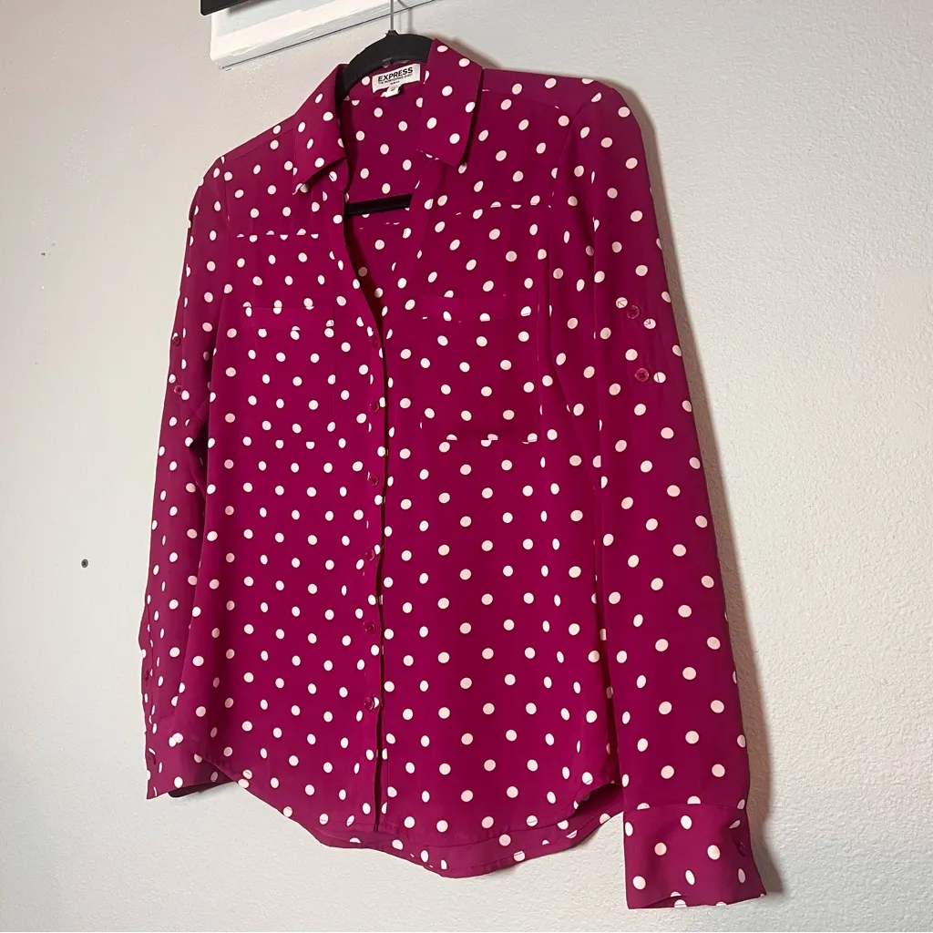 Express Portofino Button Up Shirt Blouse Slim Fit Pink White Polka Dot Size XS - Image 2