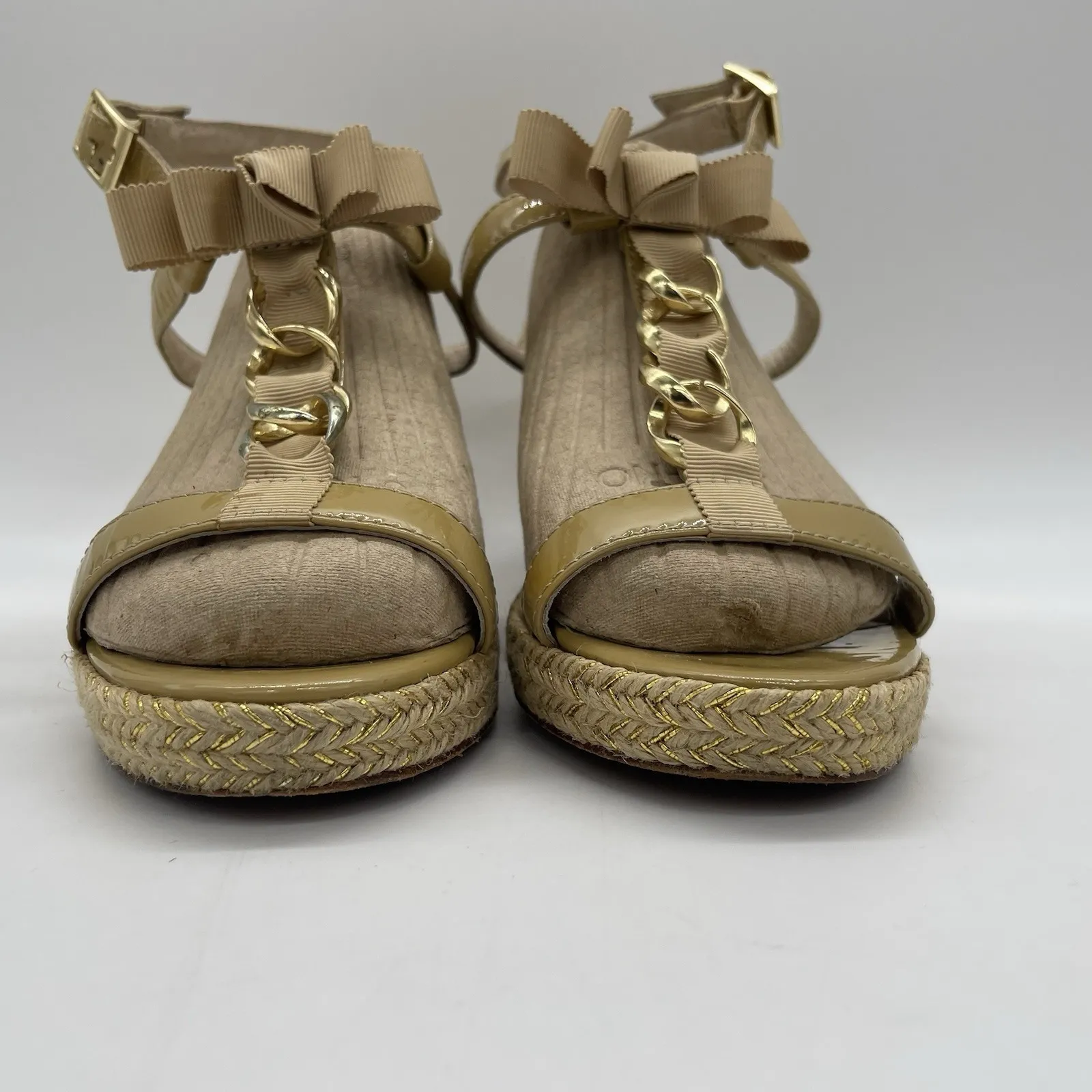 Kate Spade Womens 7.5 Shoes Nude Beige Espadrille Wedge Bow Linked-Chain Heels‎ - Image 9