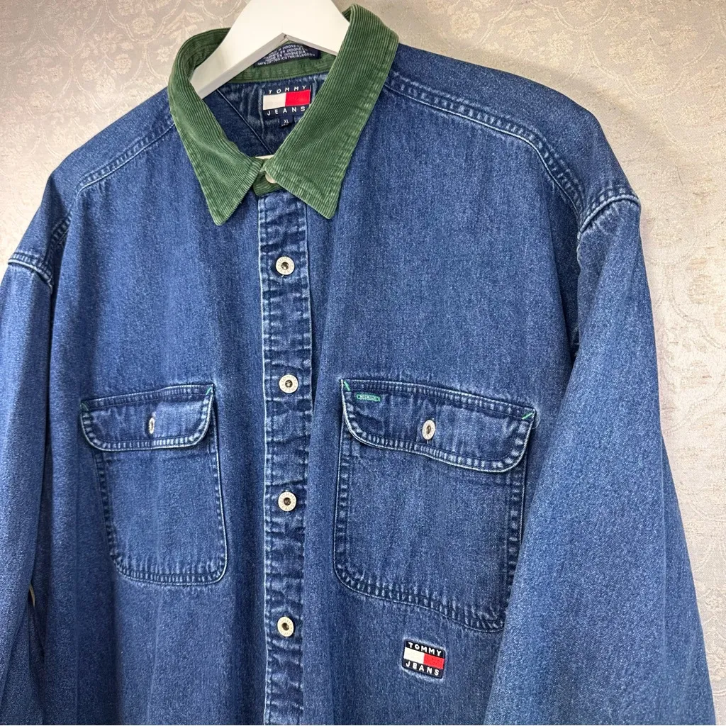 Tommy Jeans Vintage Denim Button Down Shirt Green Corduroy Collar & Cuffs XL - Image 3