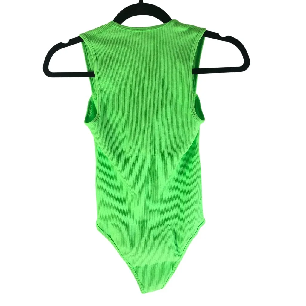 OQQ Womens Bodysuit Ribbed Square Neck Sleeveless Neon Green S - Image 2