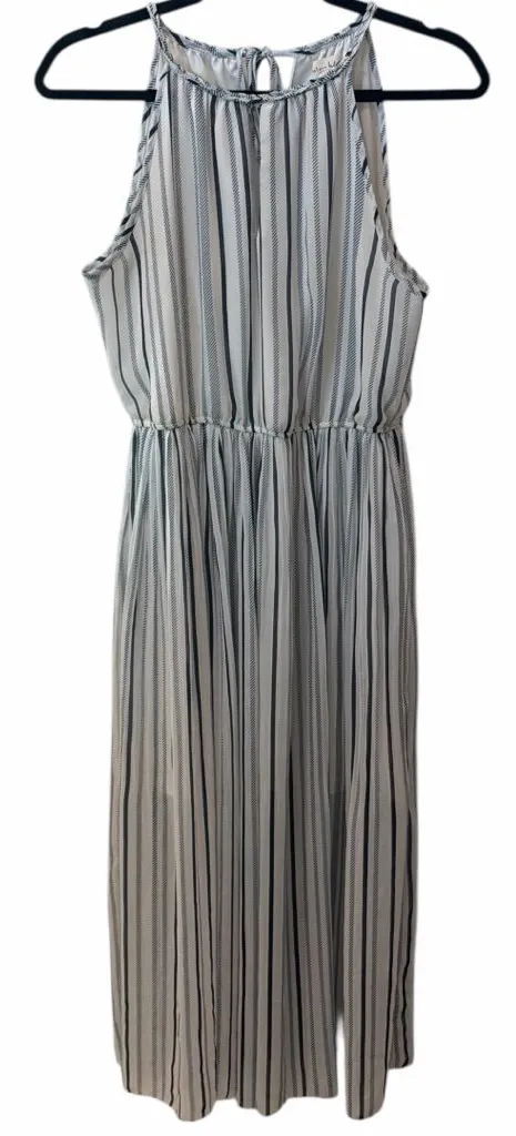 Maison Jules Striped Halter Midi Dress Medium Elastic Waist Tie Back Navy White - Image 1