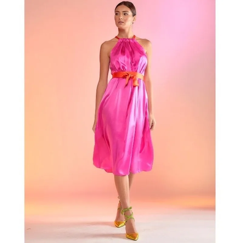 Cynthia Rowley Salerno Silk Halter Midi Dress hot pink orange flowy size small S - Image 3