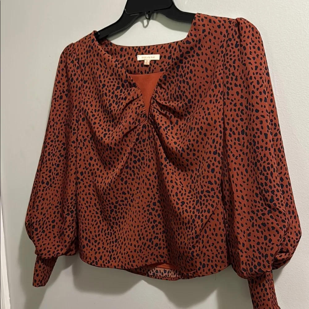 Skies Are Blue Rust Patterned V Neck Puff Sleeve Blouse - Image 5