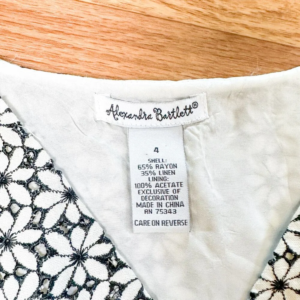 Alexandra Bartlett Vintage Floral Eyelet Dress Black and White Dress Sleeveless Size 4 - Image 4