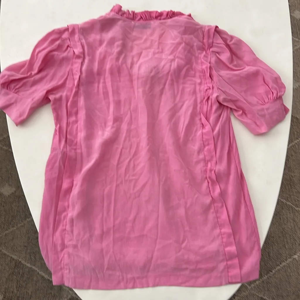 SANDRO 100% Silk Bright Pink Ruffle Romantic Tie Neck Blouse Women's Medium $285 - Image 4