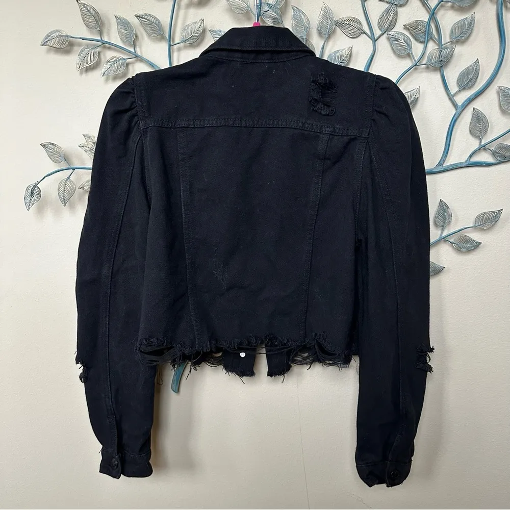 Denim Blvd Los Angeles black cropped denim distressed jean jacket L - Image 5