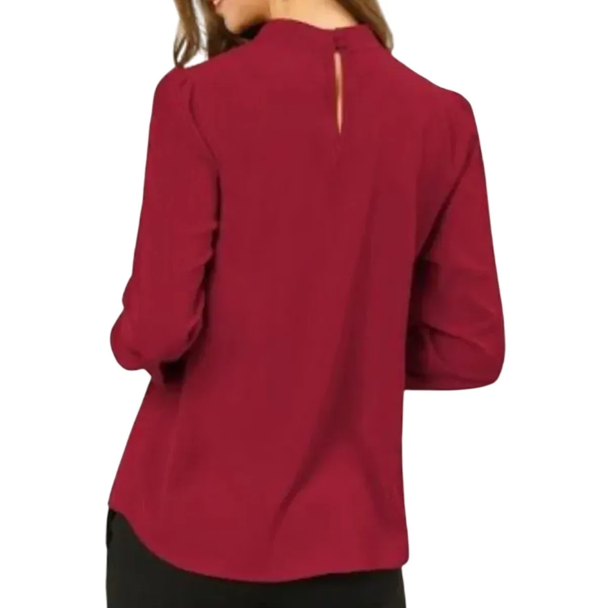 ALLEGRA K Stand Collar Long Sleeve Chiffon Burgundy Blouse, Size L, New with Tag - Image 5