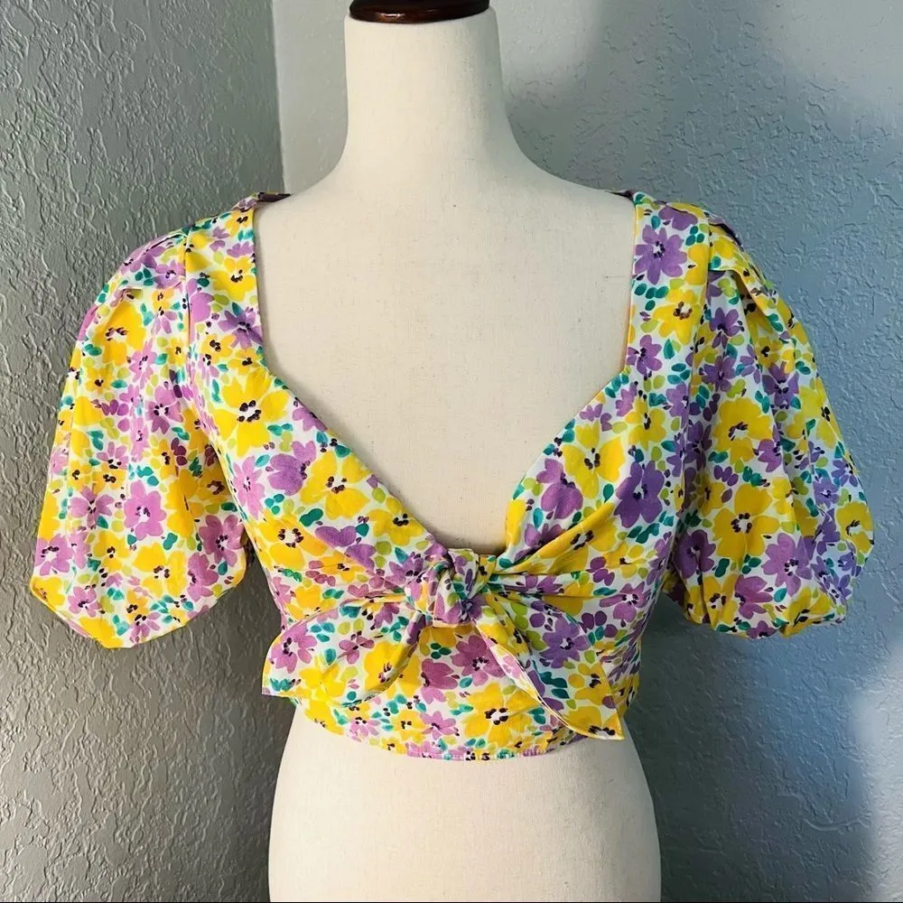 River Island Floral Print Puff Sleeve Crop Top, Yellow/Purple, Small/Size 4, NWT - Image 6