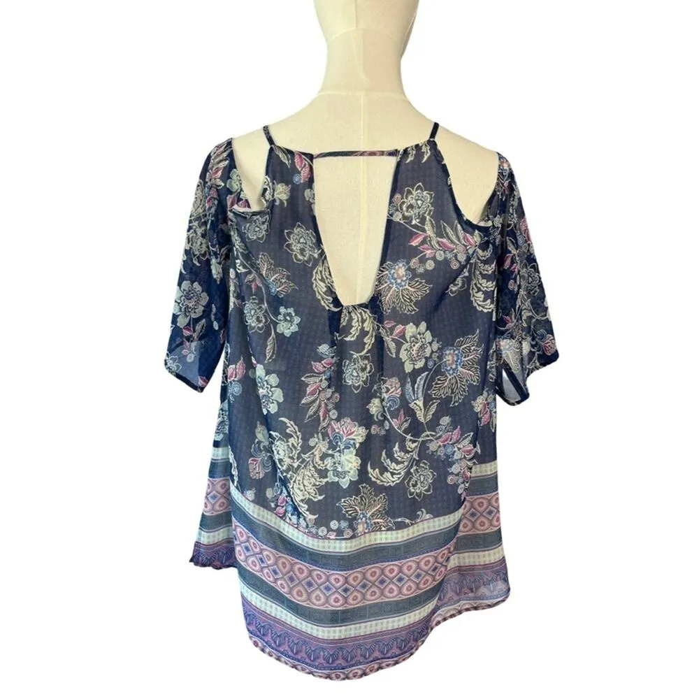 Daniel Rainn Anthropologie Cold Shoulder Floral Blouse Navy Pink | Size L | NWT - Image 3