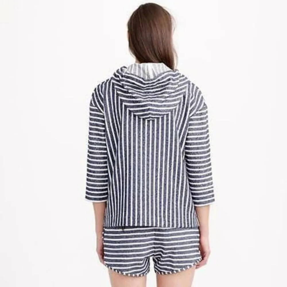 J Crew Baja Striped 3/4 Sleeve Hoodie Blue White Small - Image 2
