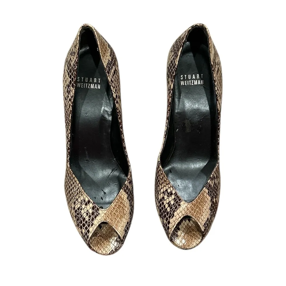 Stuart Weitzman  PYTHON SNAKESKIN PEEP TOE PLATFORMS STILETTO HEELS 7.5 - Image 2
