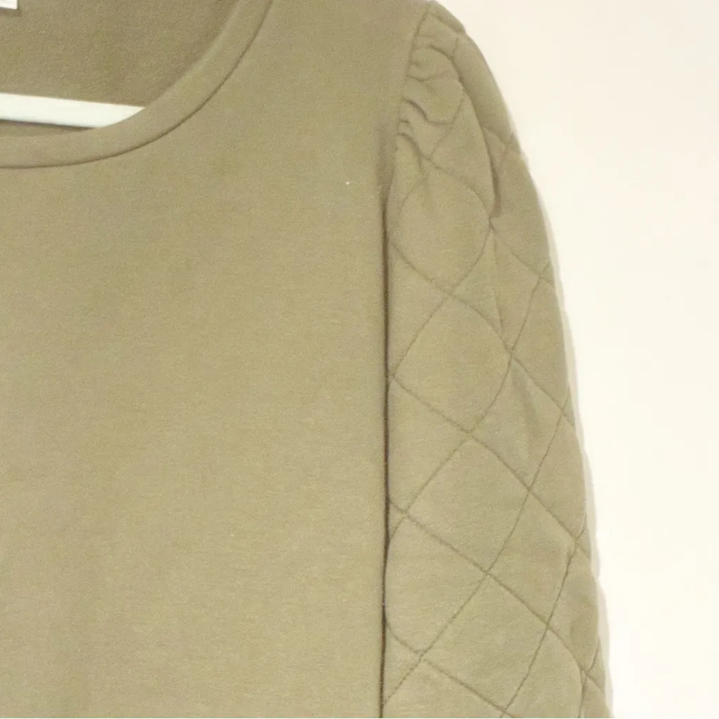 Evereve Green Sweatshirt Womens XL Ivy Ribbed Quilted Puff Sleeve Pullover - Image 3