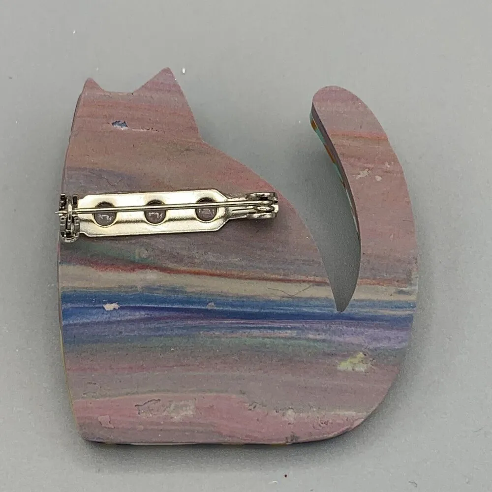 Unique Multicolored 3D Cat Brooch with Fish Charm Cat Lovers Vintage Kitty Boho Size 0 - Image 2