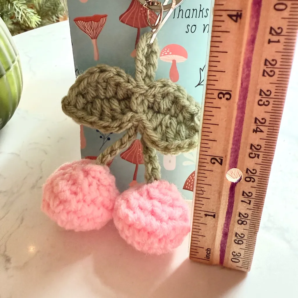 Handmade Crochet Cherry Keychain Pink Green Fruit Bag Charm Accessory - Image 4