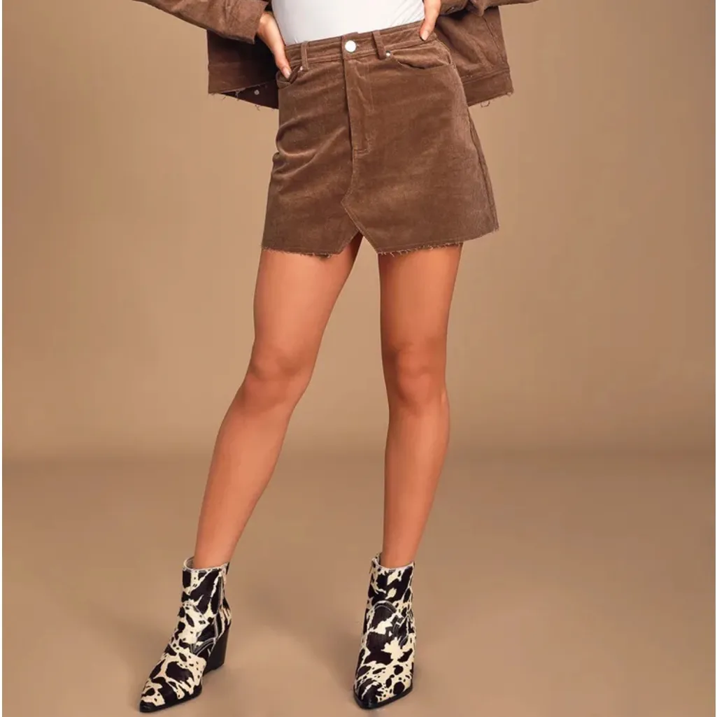 Lulu’s Happy Go Lucky Brown Corduroy Mini Skirt Frayed Hem Large - Image 2