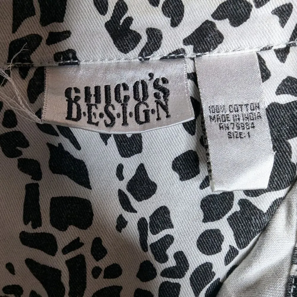 Vtg 1990s Chico's Design White Black Cotton Denim Giraffe Print Jacket 1 M - Image 4