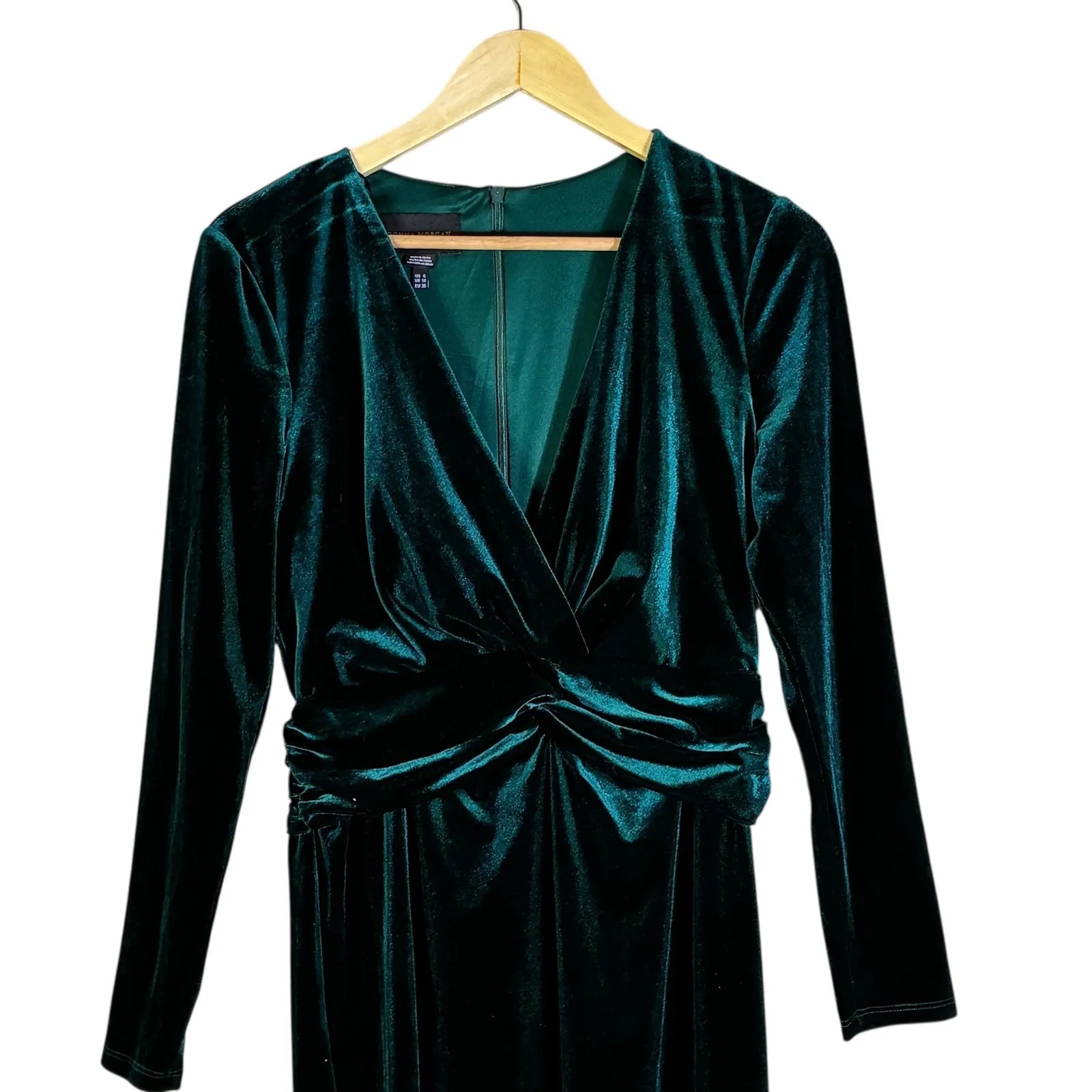 Donna Morgan Velvet Wrap Dress Womens S Emerald Green Long Sleeve Cocktail Glam - Image 2
