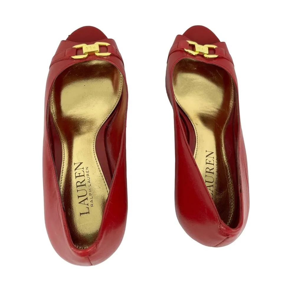 Ralph Lauren Wedges Paula Cherry Red 7.5B Leather Open Toe - Image 6