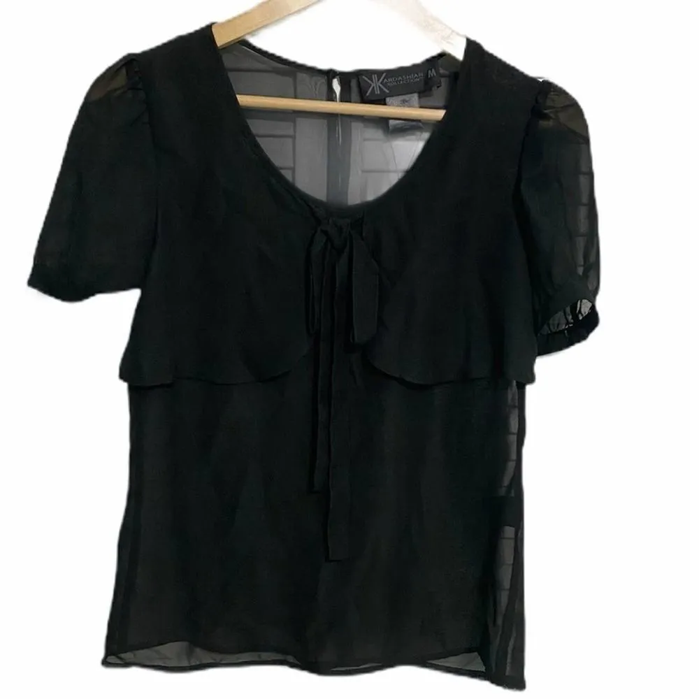Kardashian Kollection Sheer Tie Bow Front Top Blouse Keyhole Back Black Medium - Image 9