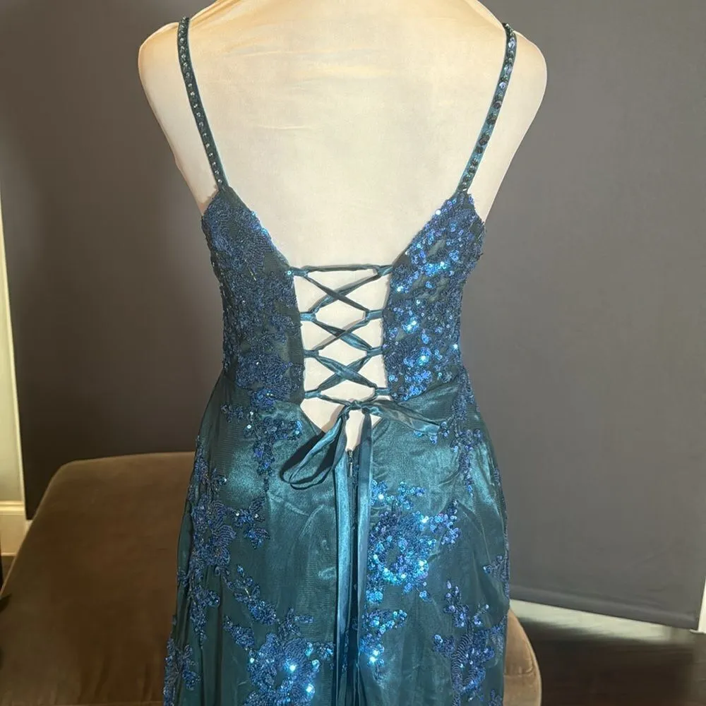 Women’s Blue/Green Mermaid Fit Prom Party Dress Sparkly Sequins Leg Slit Size 2 Blue - Image 5