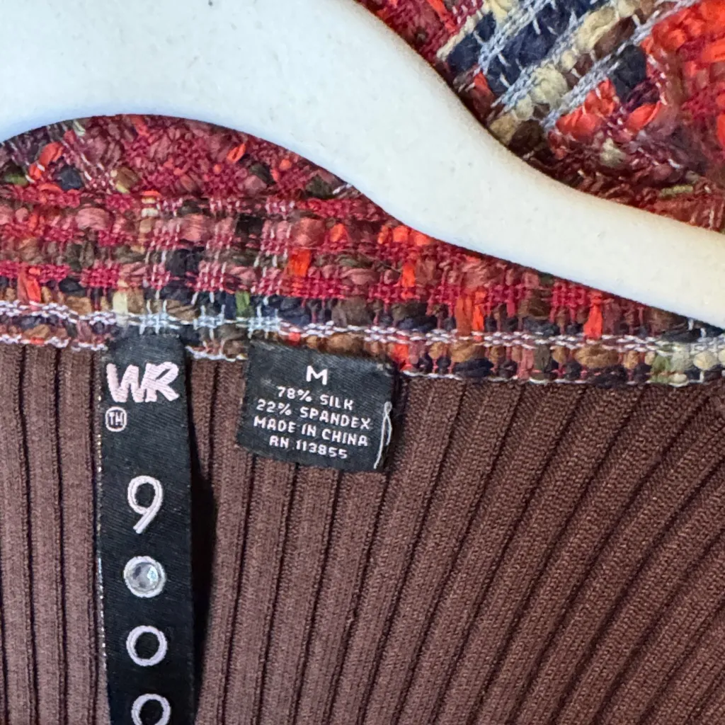 Chic vintage late 90s style Brown Cardigan with Red Accents M 78%silk Size M - Image 2