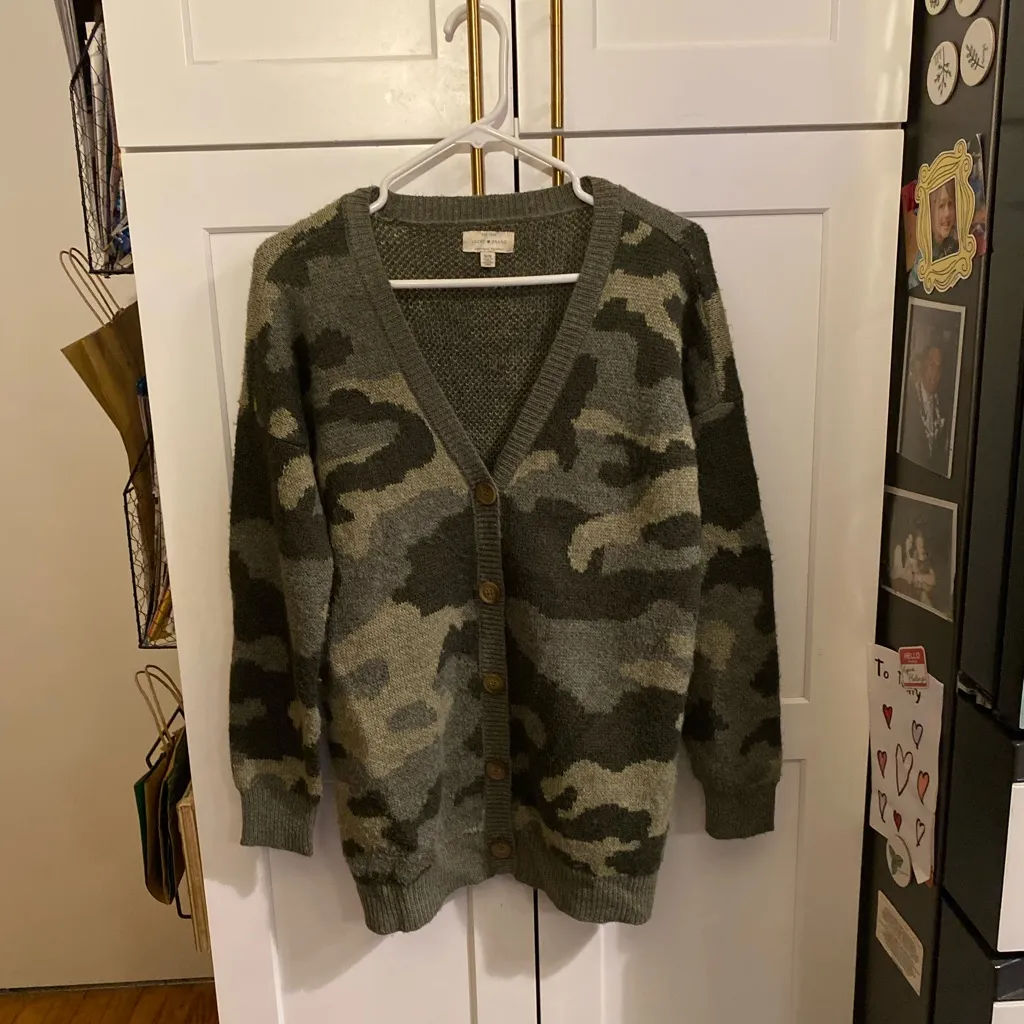 Lucky Brand Green Brown Camouflage Wool Blend Cardigan Fall Winter Boho Classic - Image 5