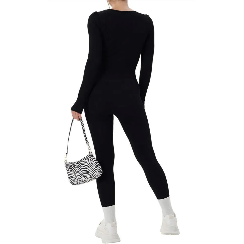 NEW Black Long Sleeve Jumpsuit 1Pc Ribbed Rompers M Size M - Image 9