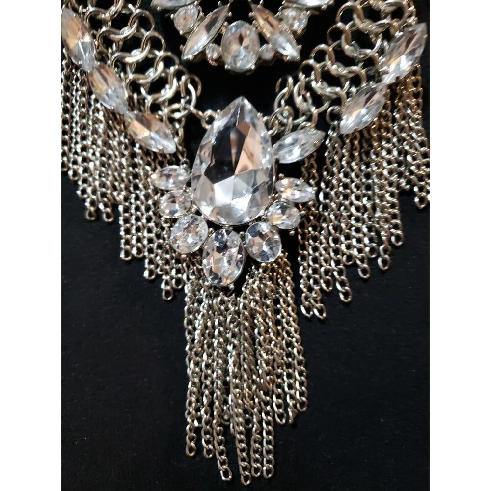 Womens Fashion Ethnic Chunky Crystals Sweater Chain Tassel Statement Necklace Silver - Image 3
