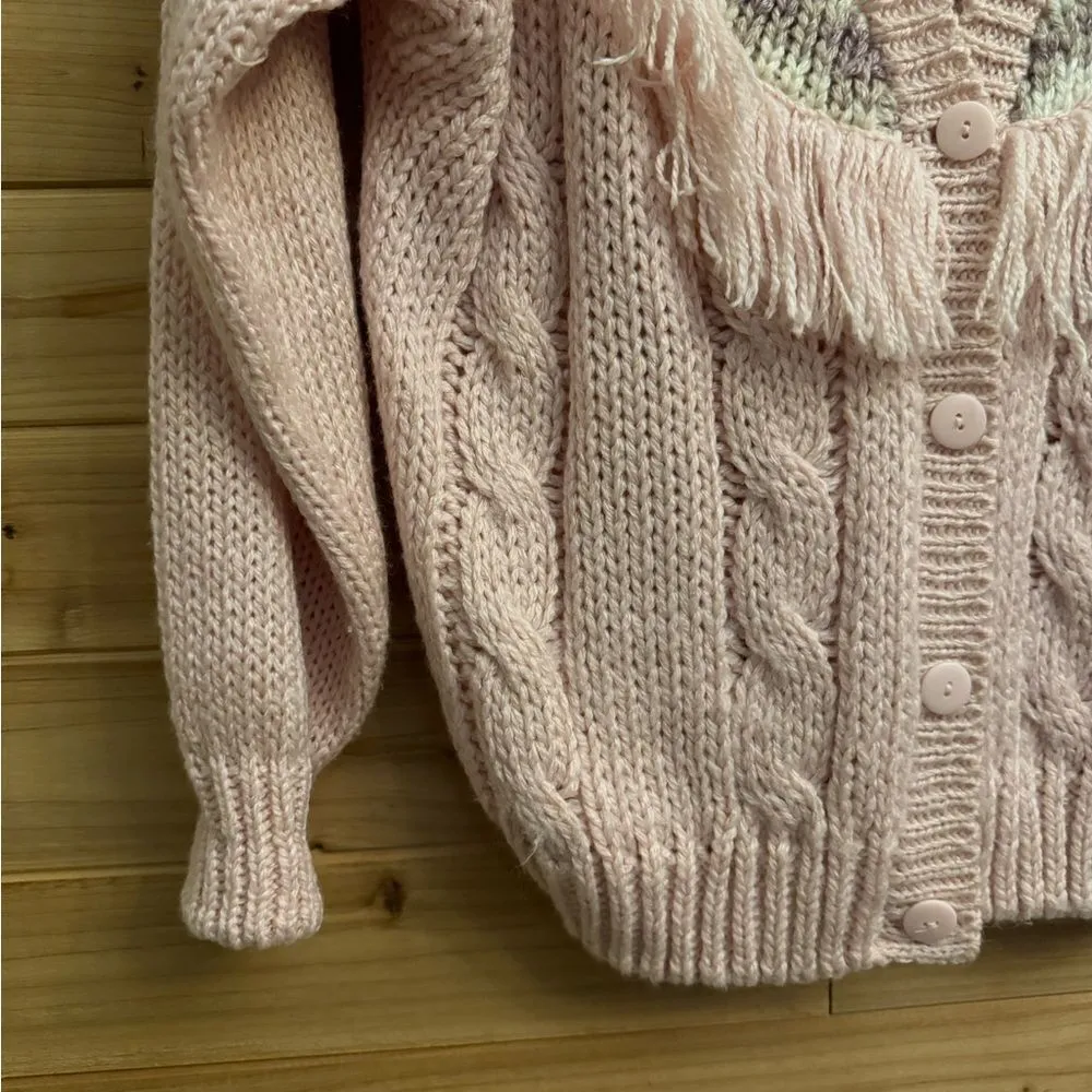 Vintage Diversity Size Large Coquette Girl Floral Fringe Baby Pink Cardigan - Image 8