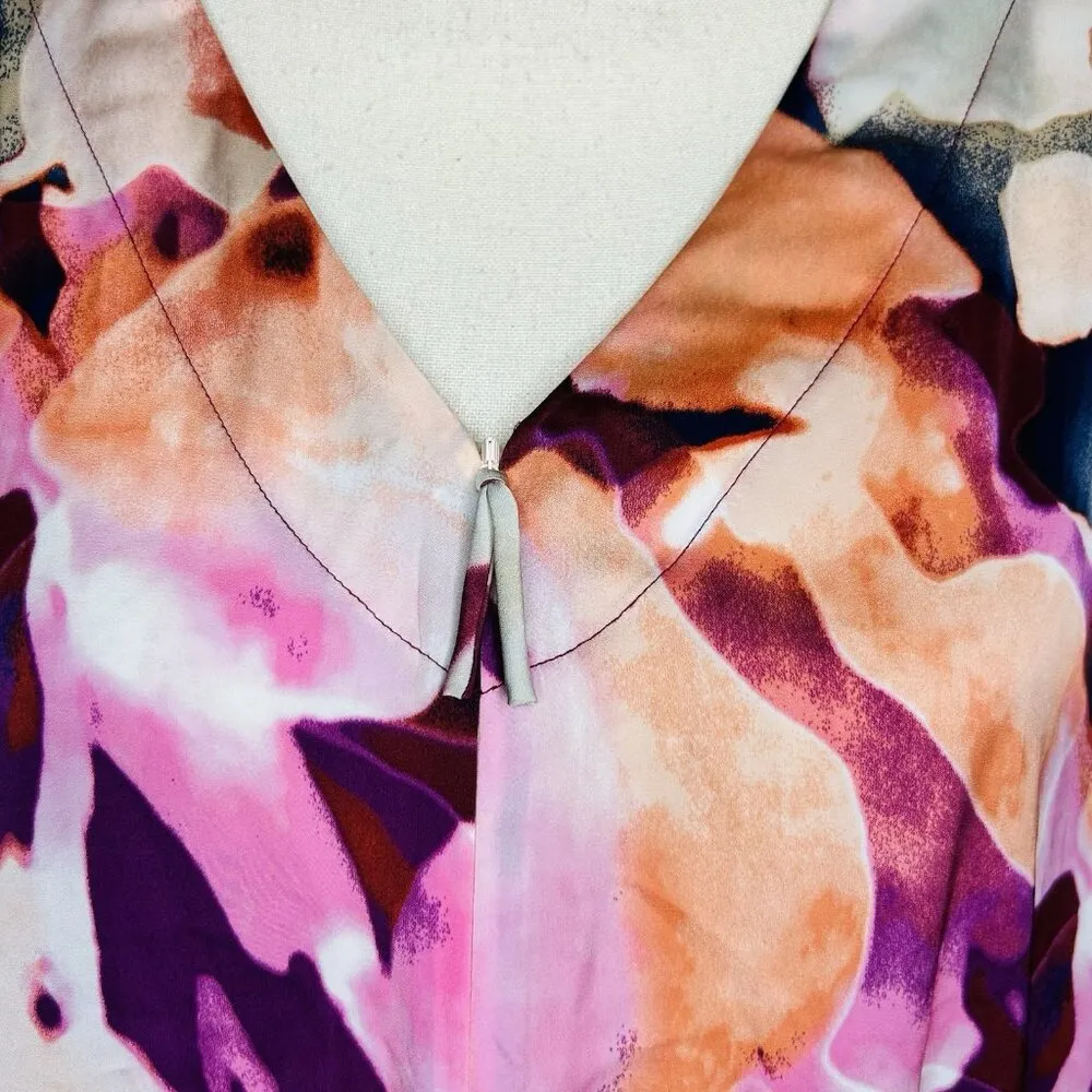 N Natori Caftan Pink Purple Abstract Floral Mix Sz L Full Zip 3/4 Sleeve Pockets - Image 4