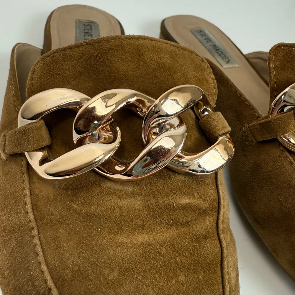 Steve Madden Finn Chain Pointed Toe Chestnut Suede Mules Gold Chain Size 8.5 - Image 10