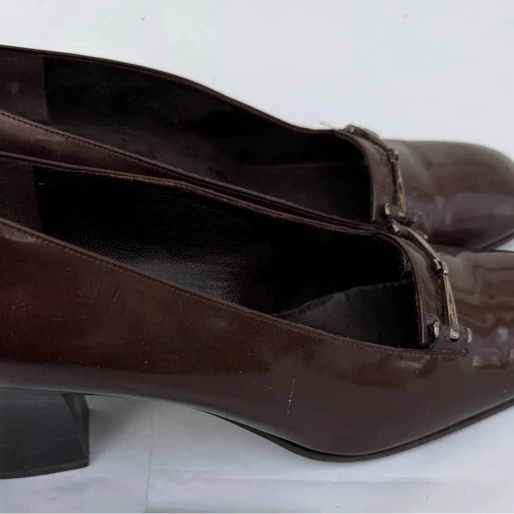 Gucci VINTAGE HEEL ON PUMPS HORSEBIT SQUARE TOE Dark Brown Leather Slip-Ons - Image 3