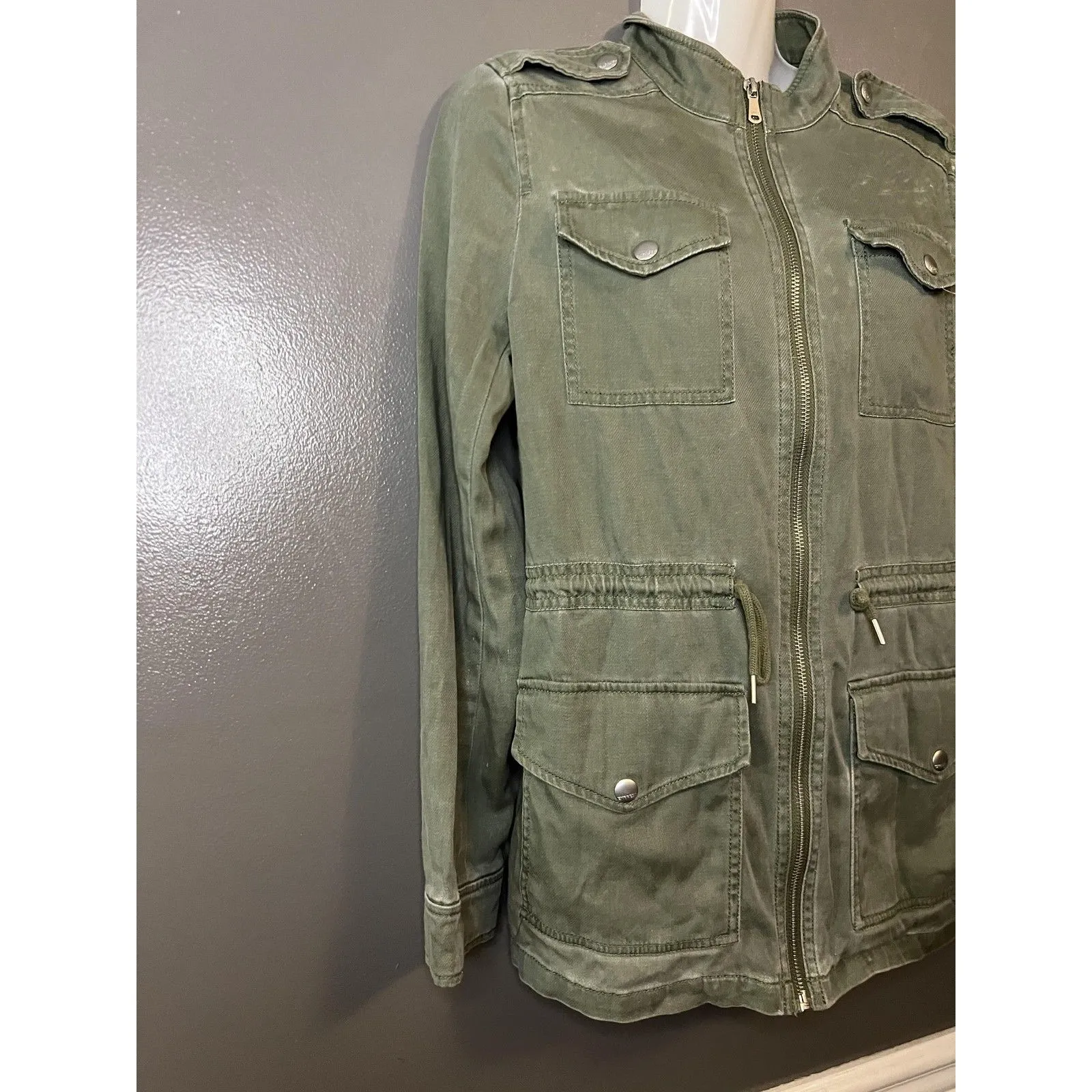 Express Jacket Womens XS Green Army Utility Field Zip Pockets Drawstring Waist - Image 2