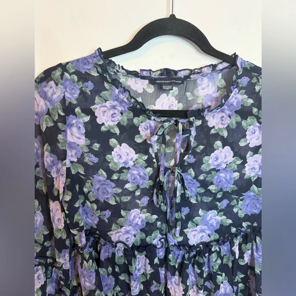 American Eagle Sheer Floral Tie Front Bell Sleeve Bohemian Blouse - Image 5