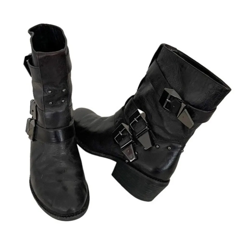 B MAKOWSKY Black Leather Triple Buckle Metal Studs Pull On Ankle Biker Boots - Image 9