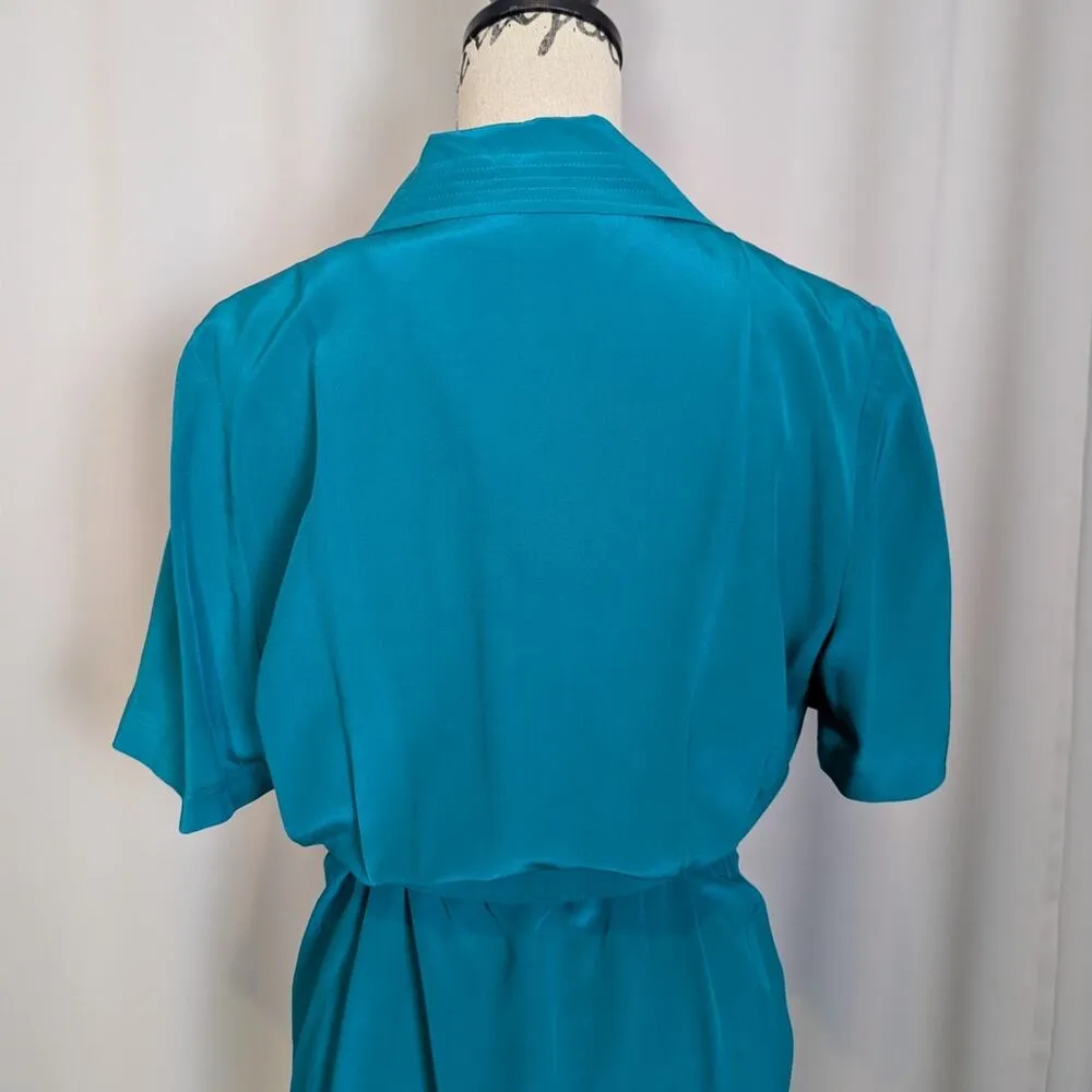 90s Vintage Liz Wear Silk Short Sleeve Shirt Dress Green - Image 13